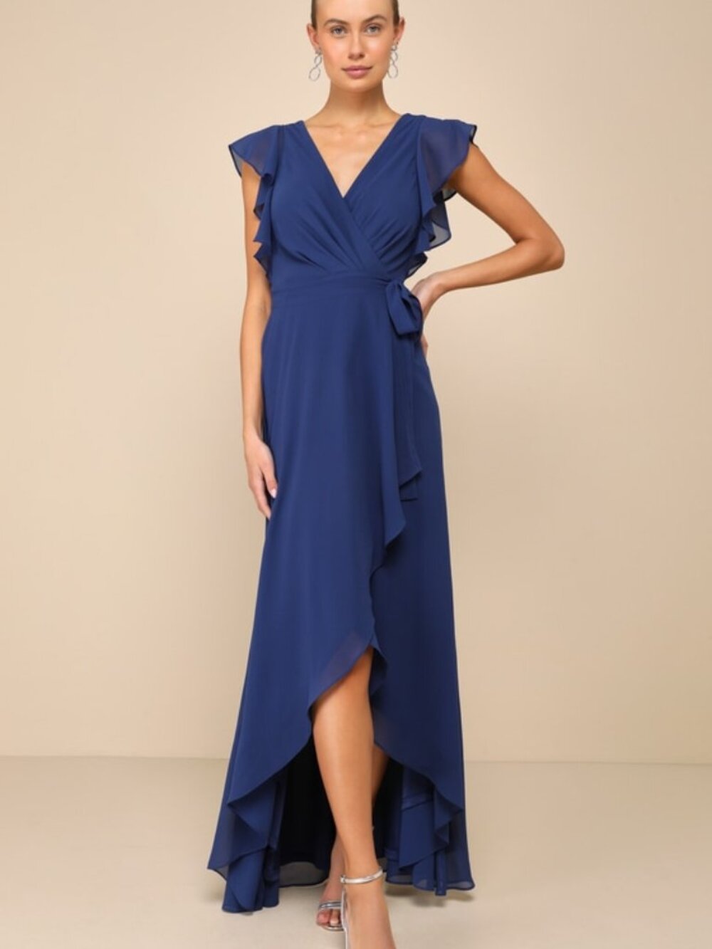 Lulus Ravishing Charm Dark Blue Ruffled Wrap High-low Maxi Dress - Size M